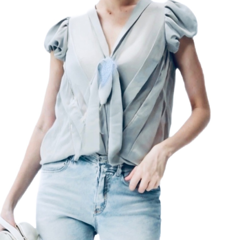 Max Studio Sheer Ruffled Puff Sleeve Front Tie  Blouse in Blue Size XS